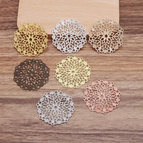 1000pcs 30mm Brass Metal Circle Filigree Flower Charms Flat Ornaments DIY Women Wedding Hair Jewelry Accessories Wholesale