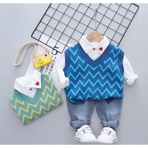 New Fashion Baby Girls Boys Kids Spring Cotton Gentleman Sweater Vest+T-shirt+Pants Jeans 3Pcs Outfit Suit Children Clothing Set