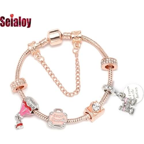 Seialoy Fashion Rose Gold Tourism Camera Hot Air Balloon Beaded Bracelets For Women Girl Telescope Charm Bangle Memorial Jewelry