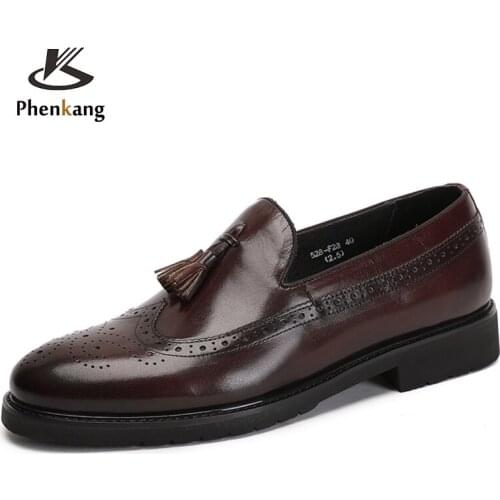 Phenkang Mens Tassel Loafers Calf Genuine Leather Wedding Party Men Casual Dress Shoes Fashion Gentleman Stree Style Men Shoes