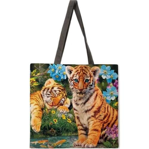 Reusable Shopping Bag Forest Tiger Ladies Fashion Beach Bag Shoulder Bag Linen Fabric Tote Bag