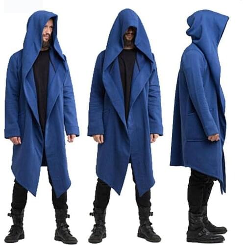 2021 Autumn Mens Long Mantle Hoodies Outerwear Solid Color Hooded Streetwear Male Loose Long Hoodies Sweatshirt Mediaeval Cloak