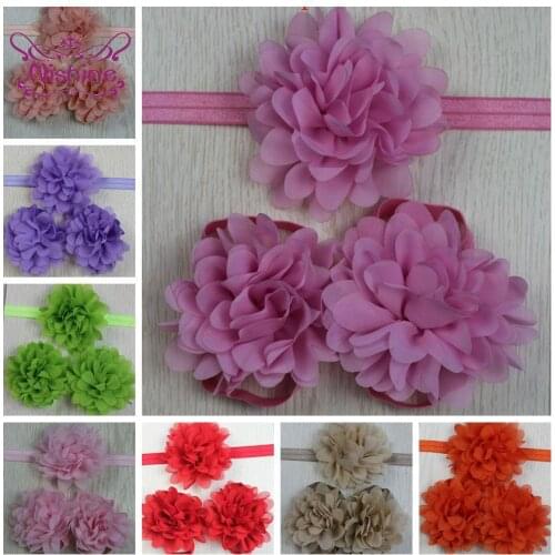 Nishine Lace Newborn Baby Girls Elastic Headband and Chiffon Flower Infant Toddler Barefoot Sandal Kids Shoes Accessories Set