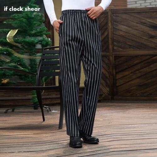 New chef service cook uniform catering chef executive chef pant black white striped elastic restaurant uniform work clothes men