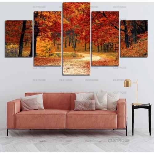 Autumn Falling Red Leaves Poster 5Pcs Home Bedroom Living Room Wall Art Irregular Decorative Canvas Painting Hd Print Frameless