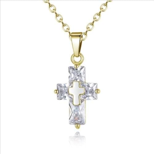 TJP Trendy Crystal Cross Women Necklace Jewelry Girl Fashion 925 Sterling Silver Necklace For Lady Party Accessories Gold Bijou