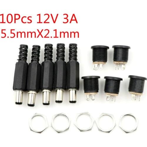 10 pcs 12V 3A Plastic Male Plugs + Female Socket Panel Mount Jack DC Power Connector Electrical Supplies 5.5mm x 2.1mm