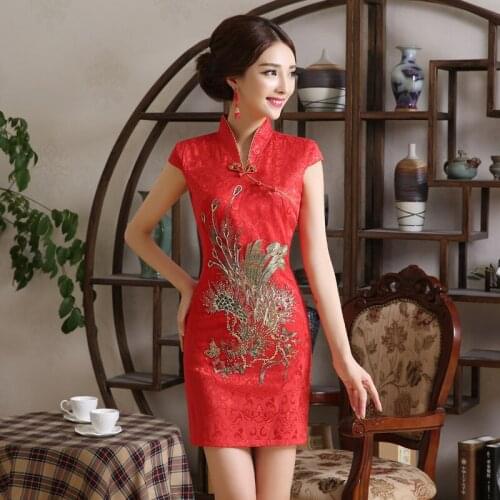 Classic Red Phoenix Bride Wedding Dress Summer Cotton Short Sleeve Mini Qipao Vintage Mandarin Collar Cheongsam Vestidos 3XL