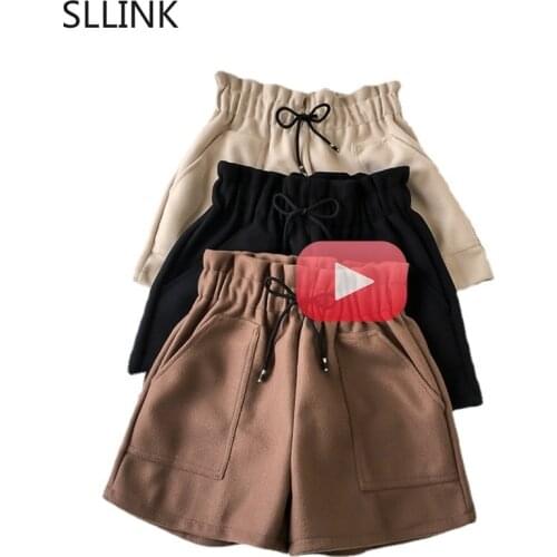 New Women Shorts Autumn and Winter High Waist Shorts Solid Casual Loose Thick Warm Elastic Waist Straight Booty Shorts Pockets