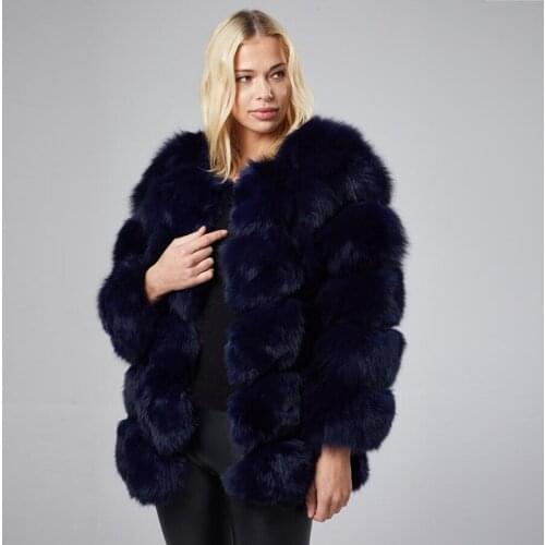 Navy Fox Fur Jacket Plus Size Coat 2021 New Autumn Winter Warm Fashion Women Overcoat