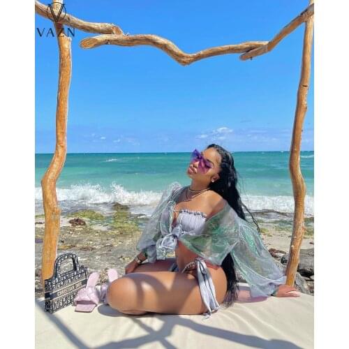 VAZN summer 2021 women fashion hot sale sexy holiday beach style short top long sleeve deep v lace-up pure color short top