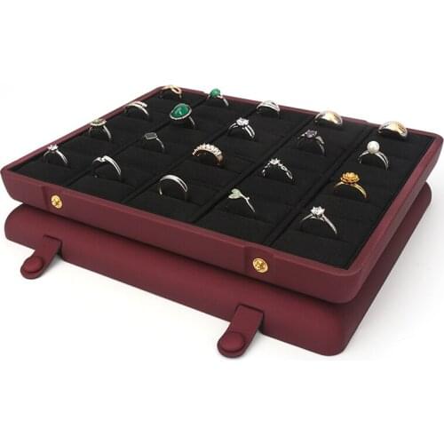 Vintage Wine Red 20 Cells Pu Leather Jewelry Ring Pendant Display High Capacity Concealed Button Built-in Velet Black Card Slot