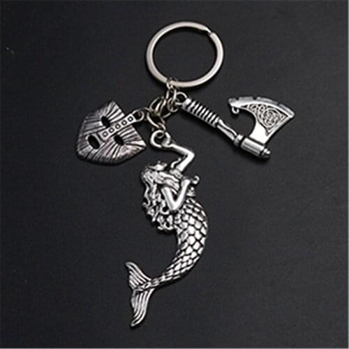 WKOUD 1pc Silver Color Nordic Viking Tomahawk & Rocky Mask & Mermaid Charm Keychain DIY Creative Metal Key Chain A1245