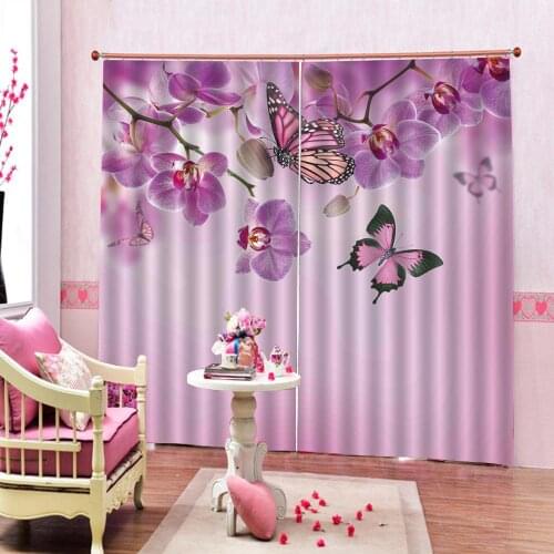 Pink flowers and butterflies 3D Painting Blackout Curtain Large Window Living Room bedroom Pink Polyester Fabric Drapes Decor
