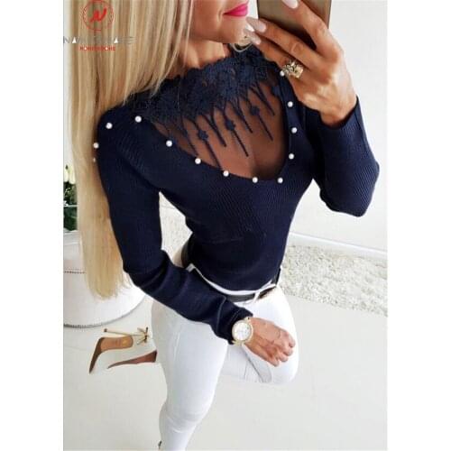 Women T-Shirt for Streetwear Lace Hollow Out Design Bead Decor O-Neck Long Sleeve Solid Color Lady Autumn Skinny Knitted Top