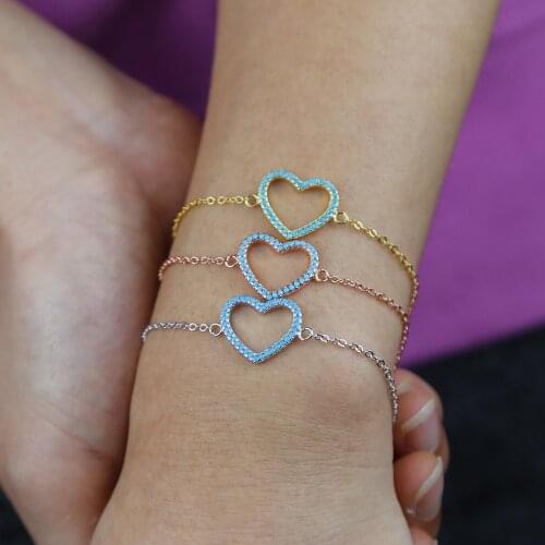 2021 New 925 sterling silver turquoises stone hollow heart charm cute lovely bracelet for Women lover valentines gift jewelry
