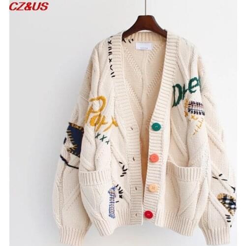 Casual Cardigan 2021 Autumn Winter Women Knitted Sweater Jacket Pocket Embroidery Tops Lady Fashion Loose Knit Cardigans Coat
