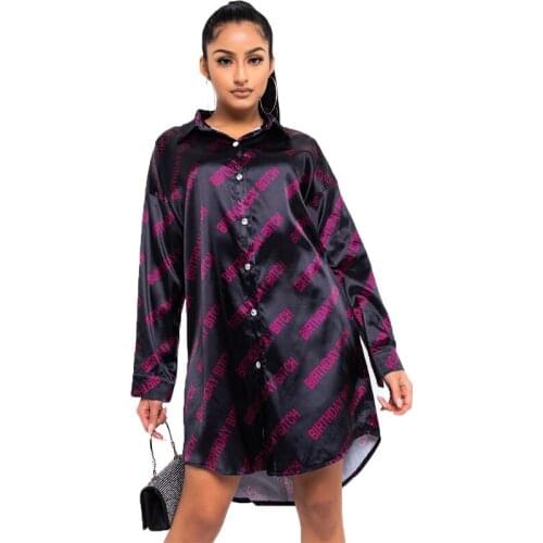 Dresses for Women 2021 Summer V-neck Single Breasted Purple Letter Printed Long Sleeve Cardigan Turn-down Collar Shirt Dress