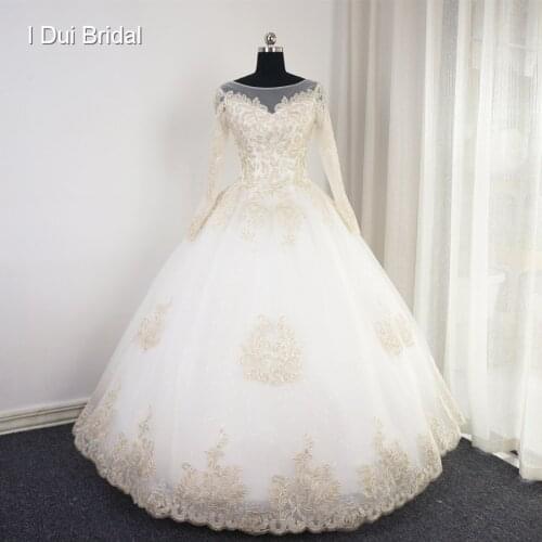 Gold Lace Ball Gown Wedding Dress with Long Sleeve Sequin Unique Real Photo Bridal Gown