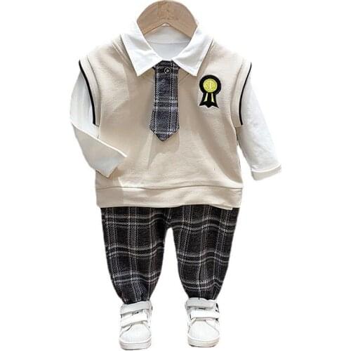 Children Infant Spring Autumn Gentleman Clothes Kids Boys Girls Vest T Shirt Plaid Pants 3Pcs/sets Baby Toddler Casual Tracksuit