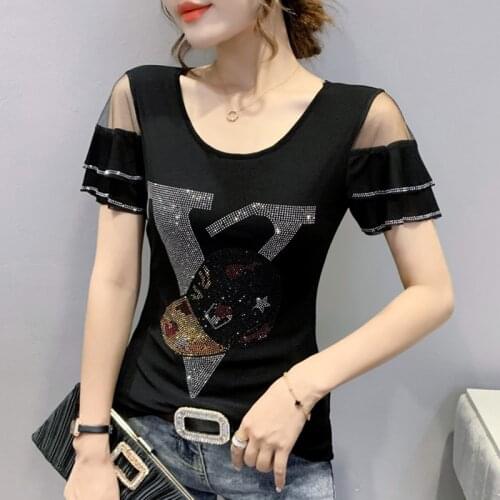 #6094 Black Off Shoulder T Shirt For Women Sexy Ruffles Short Sleeve T Shirt Diamonds Korean Style Casual T Shirt Girls Summer