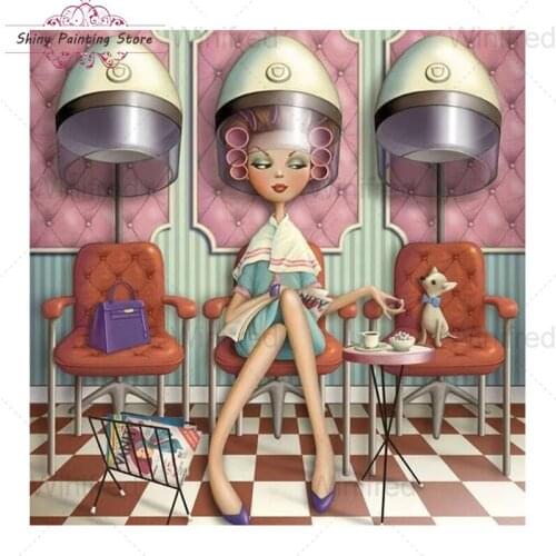 DIY 5D Diamond Painting Cross Stitch Cartoon Lady Beauty Salon Full Square Round Drill Art Hairdressing Lady Diamond Embroidery