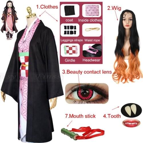 Anime Demon Slayer Kimetsu no Yaiba Kamado Nezuko Full Cosplay Including Shoes Wig Tooth Mouth Stick Adult Woman Cosplay Costume
