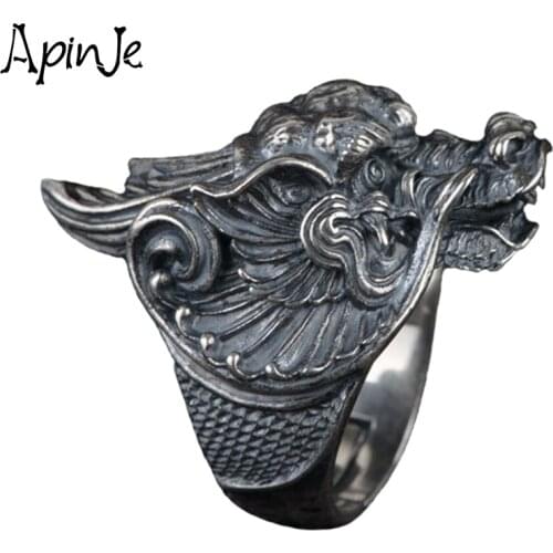 Apinje Thai Silver Dragon Ring 925 Sterling Silver Men Jewelry Resizable Ring for Men