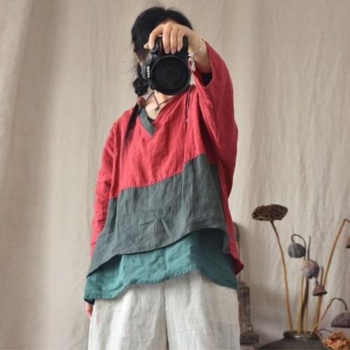 Spring Summer Women Tops Cotton Linen V neck Embroider Pullovers Three Quarter Sleeve Thin Vintage Blouse Female YoYiKamomo