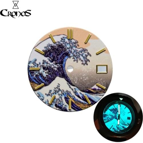 Cronos Watch Part Dial Kanagawa Wave Full Lum C3 Blue Gold Indexes NH35 NH36