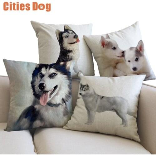 Decorative Cushion Animal Dog Pillows cojines linen Siberian Husky 45x45cm throw Car sofa Pillow Cushions