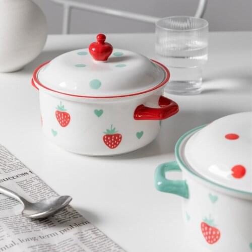 Strawberry Double-eared Bowl with Lid Household Bubble Noodle Bowl Ramen Bowl Small Fresh Salad Bowl Grilled Bowl Cute Soup Bowl