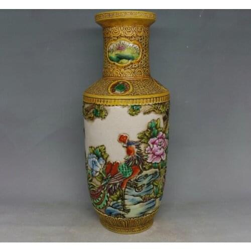 Antique QingDynasty porcelain vase,Pastel carved flowers yellow bottle,Hand-painted crafts,Free shipping
