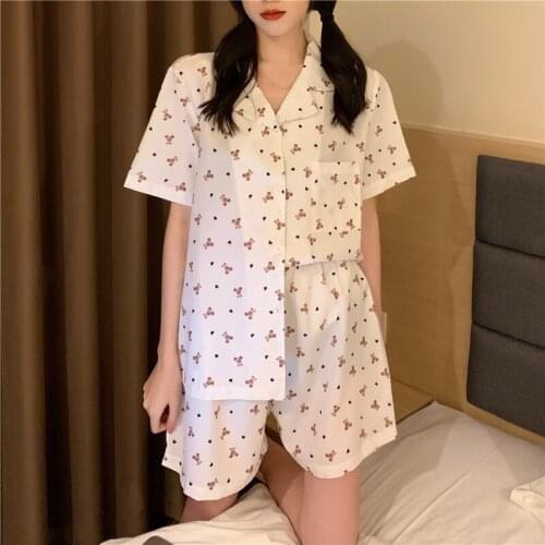 Cartoon Bear Summer Home Suit Kawaii Korean Single Breasted Shirts + Shorts Set Two Piece Pajamas Set Printed Home Clothes Cute