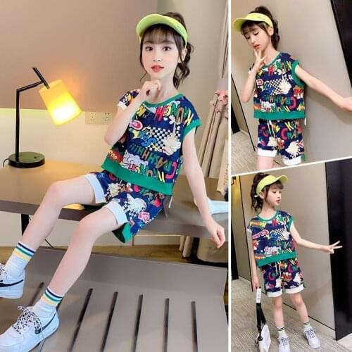 Girl Summer Fashion Sports Short Sleeve Set Kids Trend Printing Clothing