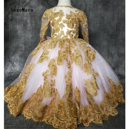 Cute Tutu Girls Dresses Pink Lining Gold Applique Lace Baby Girls Pageant Gowns Big Bow Infant Birthday Dress Photoshoot