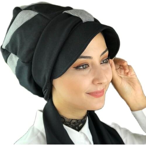 Islamic Fashion Muslim Women Hijab 2021 Trend Single Size Bathing Cap Beret Ready Shawl Scarf Buckle Hat Black Biritli Fularl Hat bone