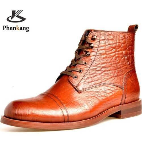 Men Winter Chelsea Boots Genuine Leather Mens Platform Brogue Casual Ankle Flat Shoes Laces Up Dress Designer Brand Boots