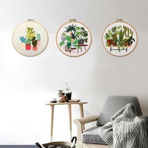 DIY Embroidery Kit with Hoop Plant Pattern Cross Stitch Set Handwork Needlework for Beginner Handmade Sewing Craft