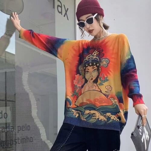 21831 Autumn New Fashion Knitted Print Knitted Pullover Vintage Style Streetwear Casual Loose Sweater Top Tide