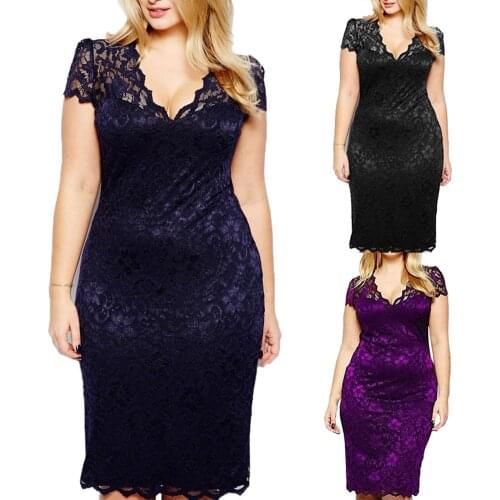Dress Fashion Women Sexy Lace Hollow Out Deep-V Short Sleeve Fit Party Midi Dress Cotton + Spandex Plus Size M-4XL