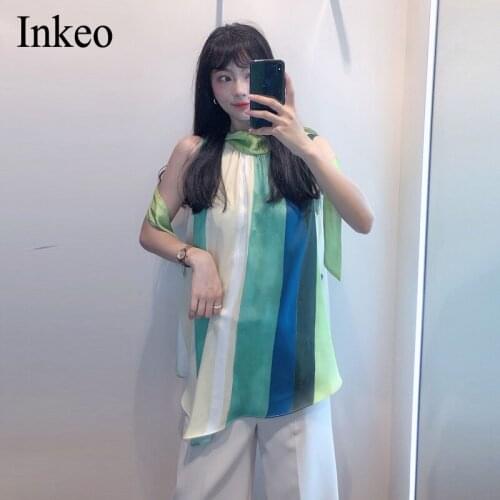 Holiday style Striped Print Stain shirt Tops Women 2021 New Sleeveless Loose Blouse With bow Sexy irregular Blusas INKEO 1T023
