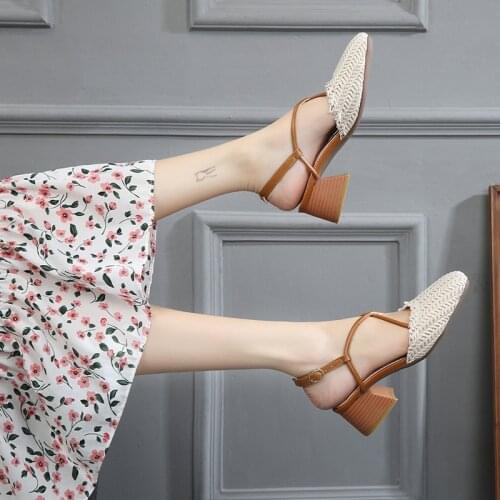 Square toe straw weave gladiator sandals women thick high heels cutout summer shoes big size cross tied knitting sandalias 323