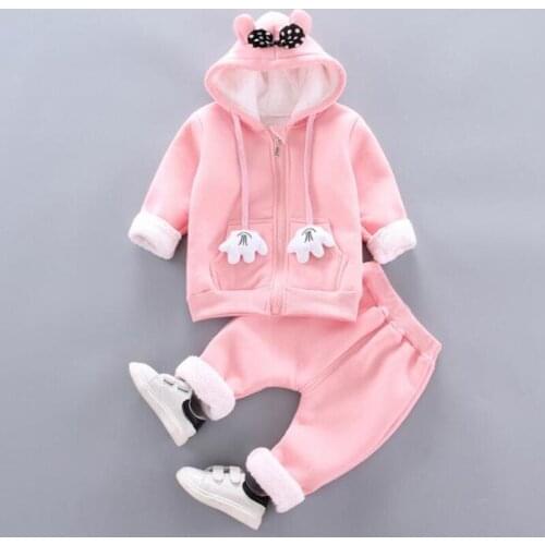 Thick Warm Girls Clothing Set Winter Plush Cotton Outfit For Baby Hoodies Jacket Pants Kids Casual Suit Toddler Boy Wearing