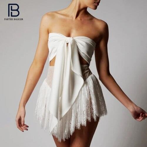 PB Trendy White Mini Dress Sexy Strapless Waist Hollow Bow Tied Design Lace Ruched Celebrity Party Club