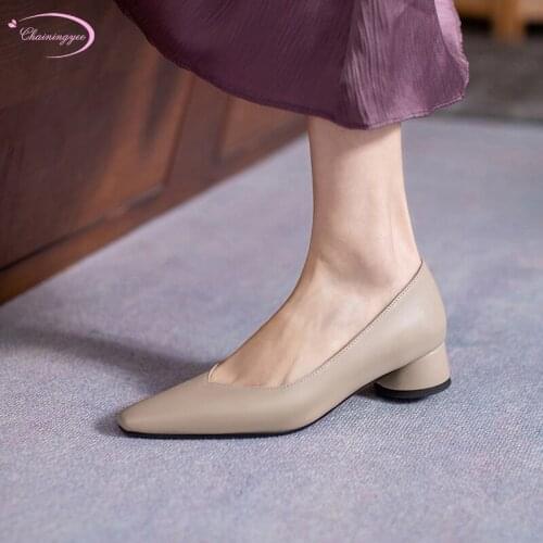 Casual style comfortable square toe pumps fashion slip-on beige apricot orange black medium with thick heel womens shoes