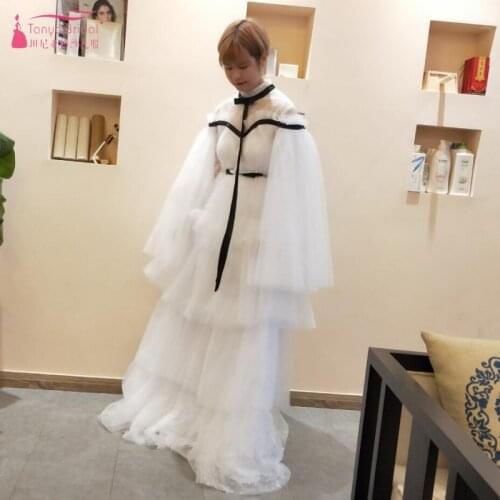 Dot Tulle Wedding Dresses 2020 Fashion Tiered ruffles bell sleeves with Black Thread Boho Fance Elegant Gelinink cupcake ZW043