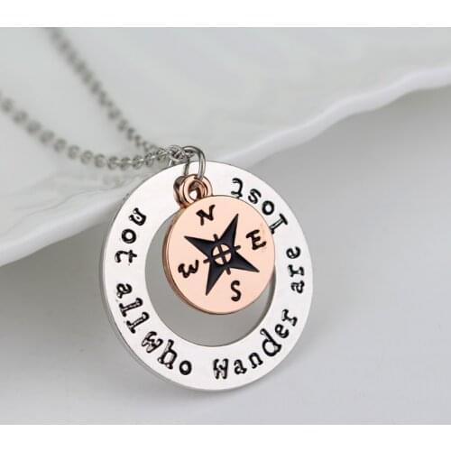 Dongsheng Inspirational Message "Not All Who Wander Are Lost" Travelers Necklace Compass Necklace Wanderlust Hand Stamped -30