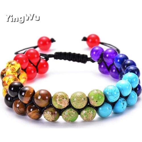 Yingwu 7 Chakra Natural Stone Handmade Braided Double Layer Lava Bracelets Men Women Adjustable Colorful Beaded Bracelet