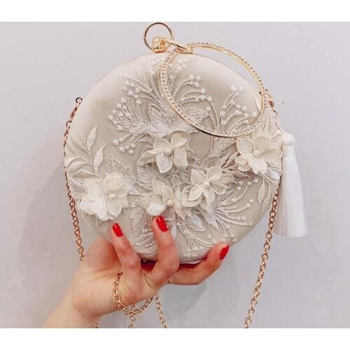 Famous Designer Women Evening Chain Bag Beige Ladies Luxury Embroidery Flower Vintage Clutch Bag Round Purse and Hand Bags Beige